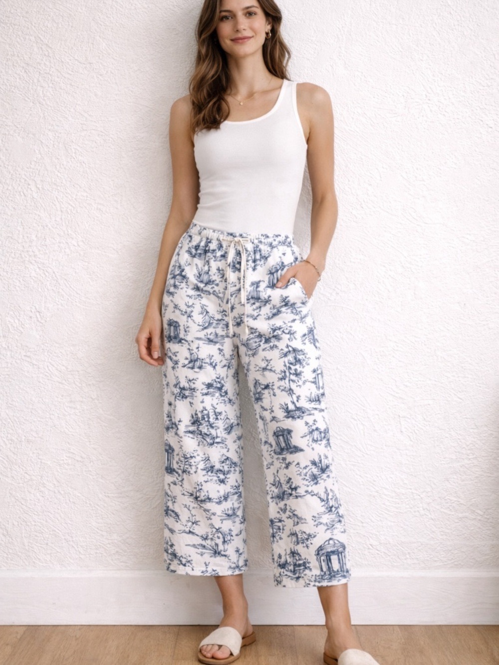 Sincerely Jules White Wide-Leg Pants with Blue Toile Print